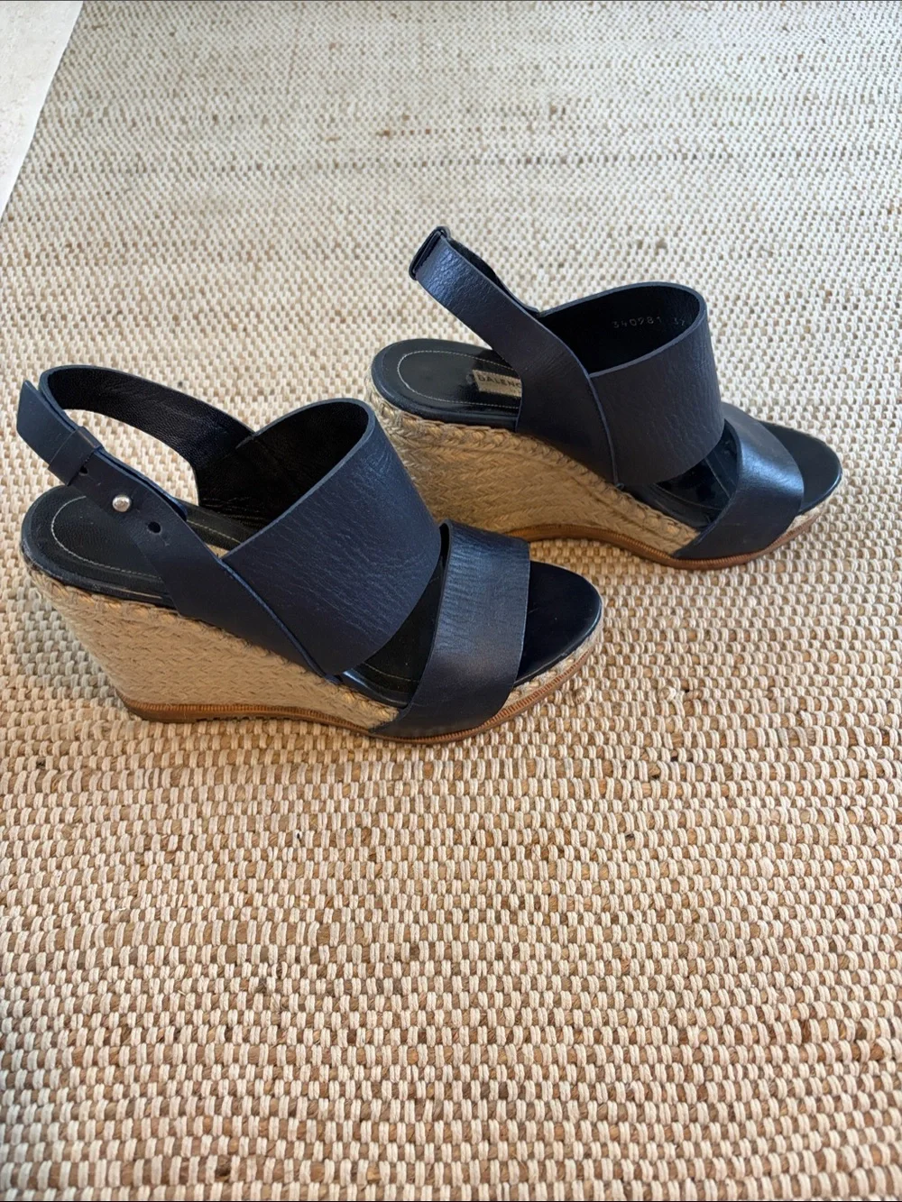 Balenciaga Blue Leather Espadrille Wedge Sandals with Natural Rope Platform